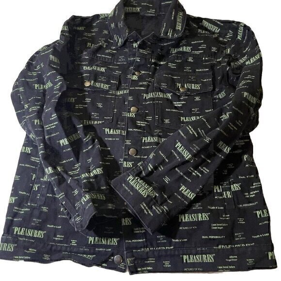 PLEASURES Mens Size Large Buttoned Black/Green Denim Jean Jacket - Picture 1 of 16
